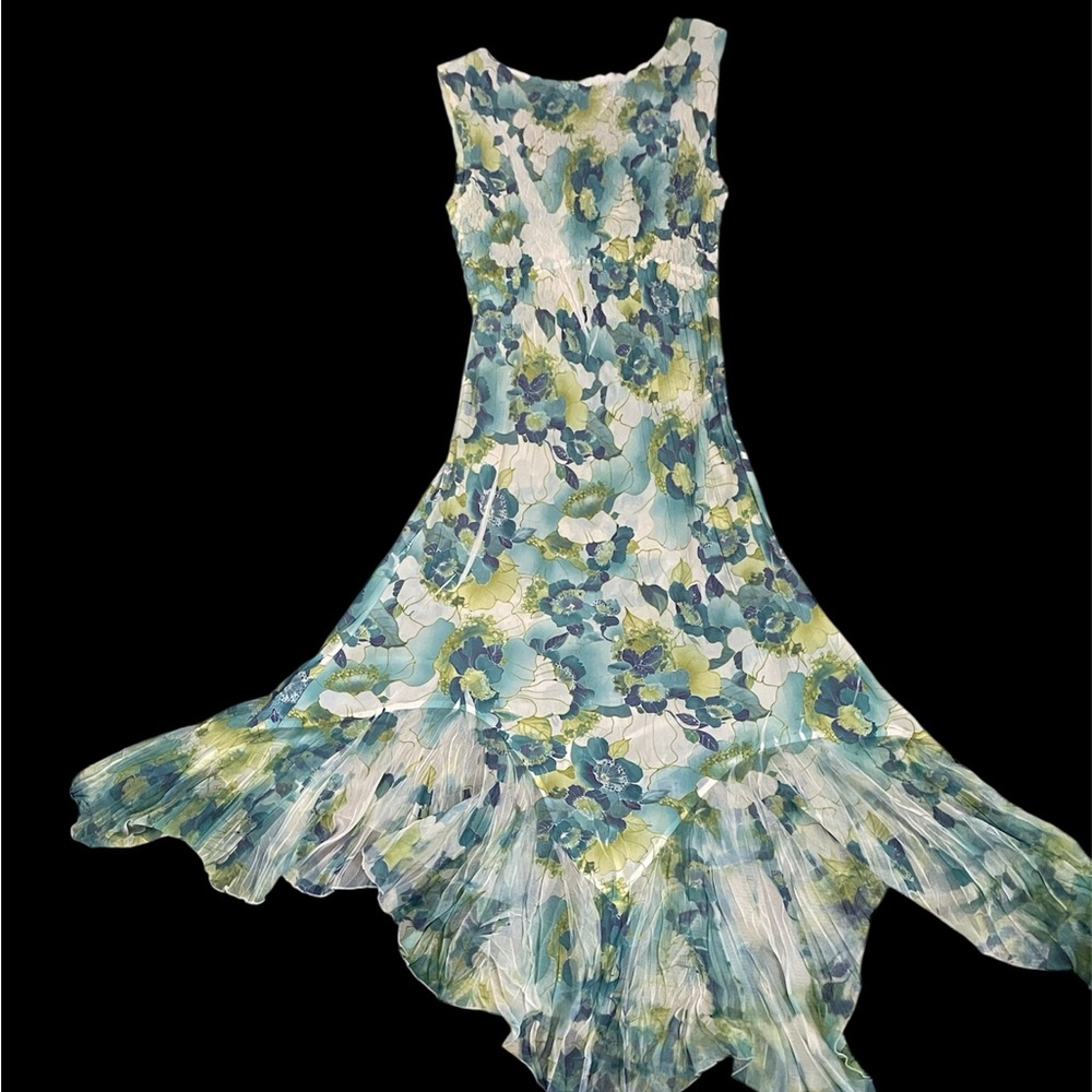 Komarov Blue and Yellow Asymmetrical Ruffled Maxi Sundress